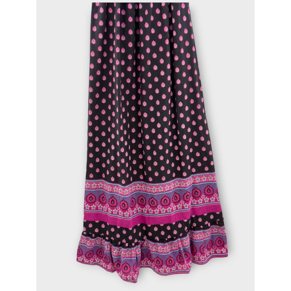 World Market Boho Maxi Dress Black Pink Paisley Border Print Cotton S/M Smocked - Picture 8 of 14